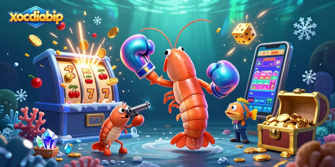 xocdiabip showcases a vibrant underwater casino scene with a 3D mantis shrimp and pulsating slot machine.