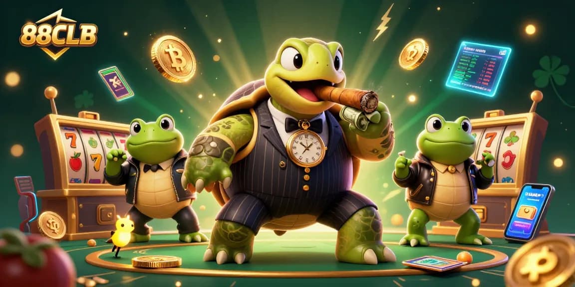 Experience the thrill at 88CLB with a dynamic 3D scene featuring a snapping turtle and bullfrog enforcers in a vibrant casino.