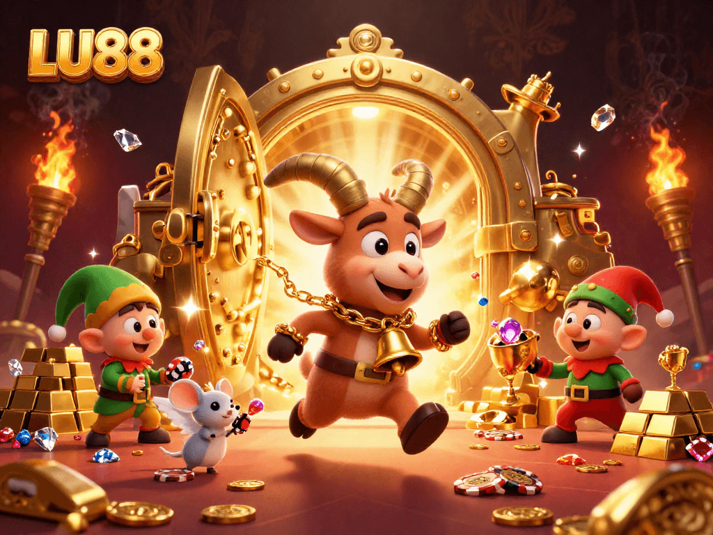 Experience excitement at LU88's casino with festive characters stealing poker chips in a vibrant scene.