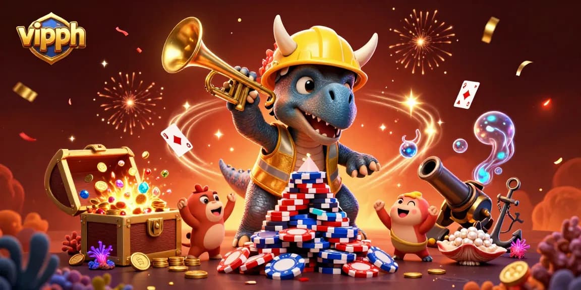 Experience exciting gameplay at Vipph with a triceratops celebrating wins amidst colorful casino elements.