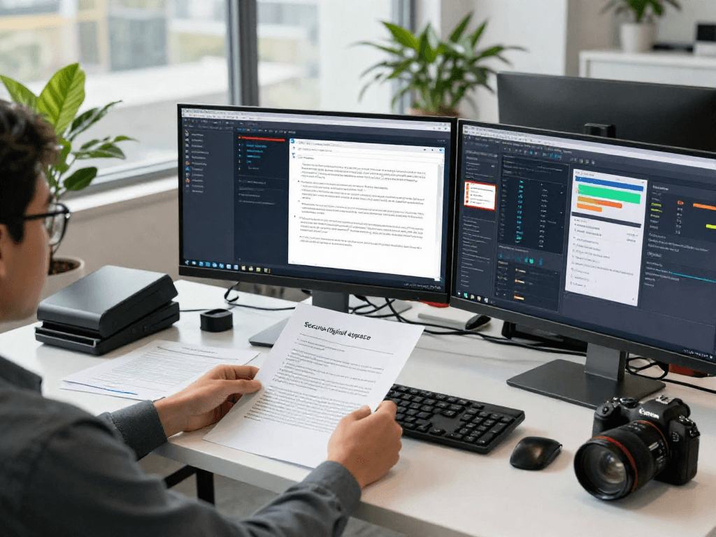 Document fraud detection analysis in a modern workspace with AI technology and data analytics tools.