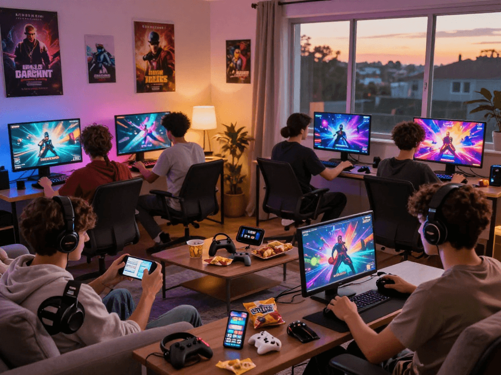 Immersive gaming scene with players enjoying free porn games in cozy setting
