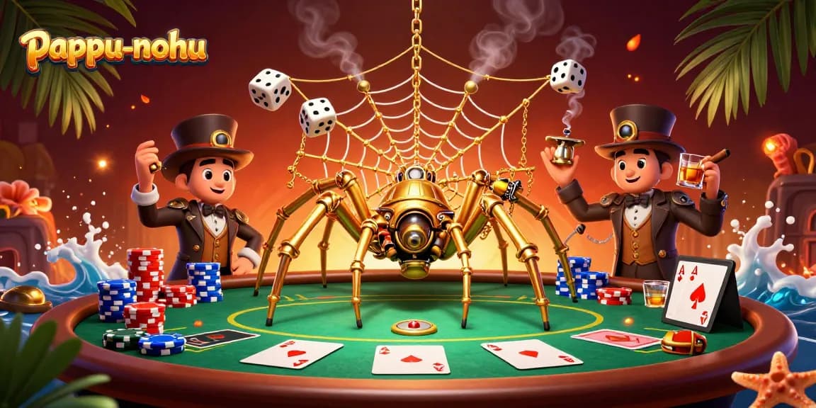 Pappu-nohu game features an enchanting steampunk spider and poker scene capturing the thrill.