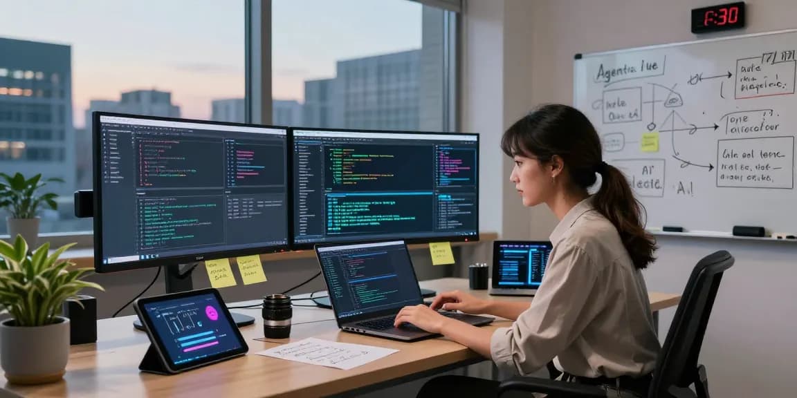 Developer utilizing agentic AI tools in a modern workspace with dual monitors and city view.