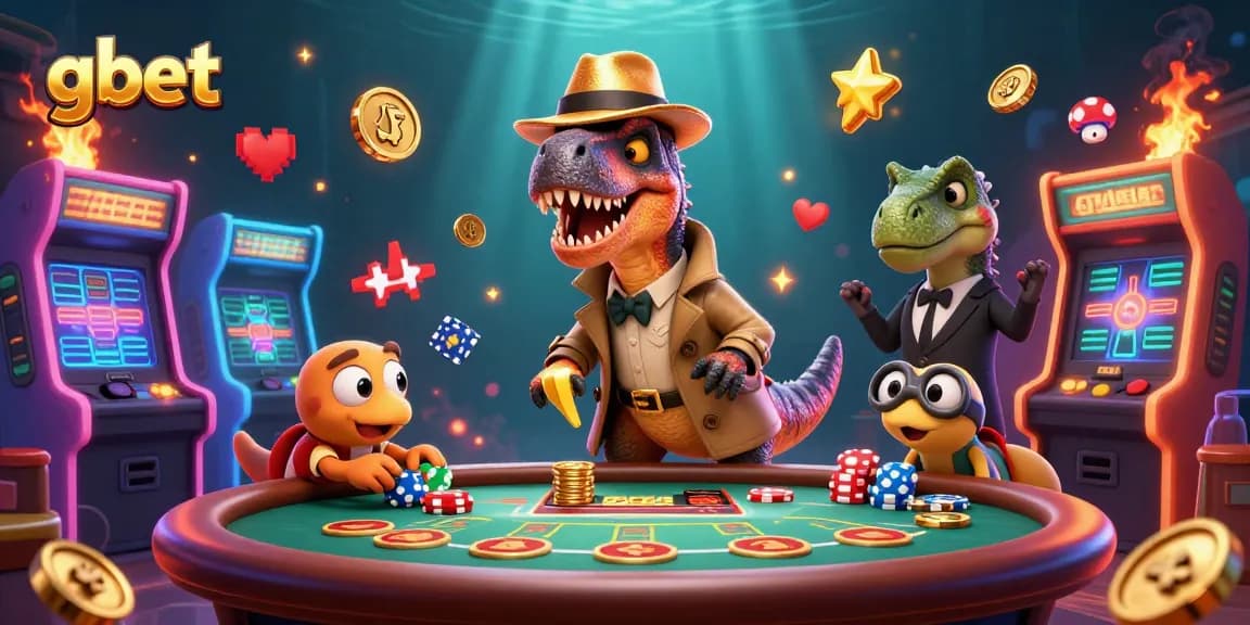 gbet features a velociraptor card counter at a blackjack table, with dynamic animations and bright casino elements.