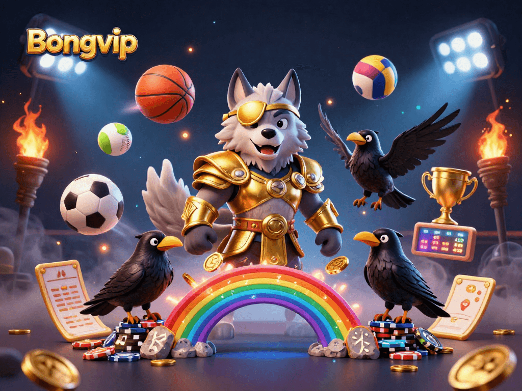 Bongvip showcases a vibrant 3D illustration featuring Odin with casino elements and dynamic sports-themed designs.