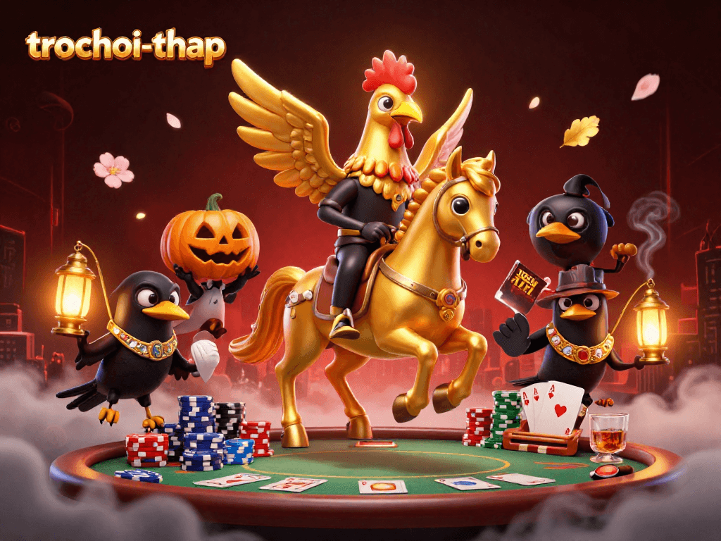 Interactive trochoi-thap scene featuring a golden rooster and pumpkin-headed crows amidst vibrant casino elements.