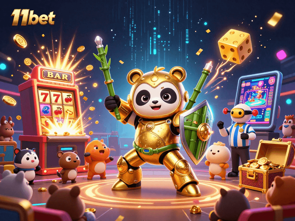 Engage with the vibrant world of 11bet's online gaming, featuring a lively 3D panda fighting robot amidst dazzling casino elements.