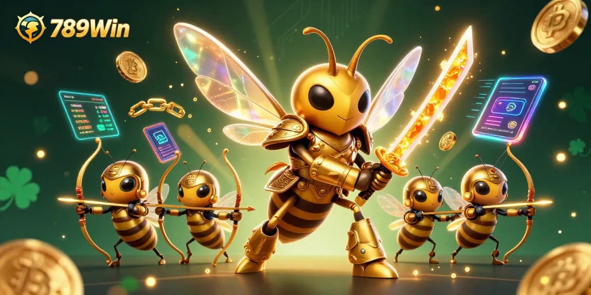 Immerse in the vibrant world of 789Win featuring a golden hornet samurai and bee archers amid crypto-themed gaming!
