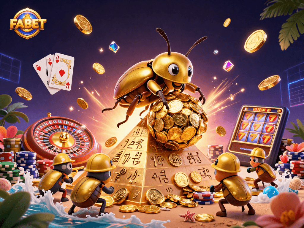 Engage with FABET's thrilling casino adventure featuring golden beetles and cascading treasures.