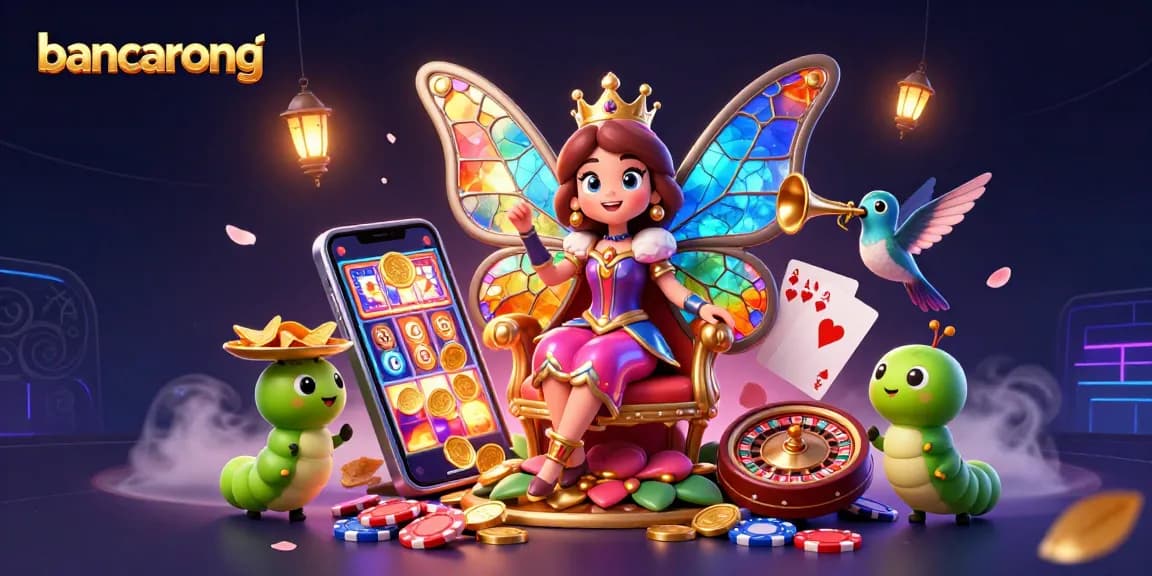 Engage with bancarong as a butterfly queen surrounded by vibrant gaming elements and glittering chips.