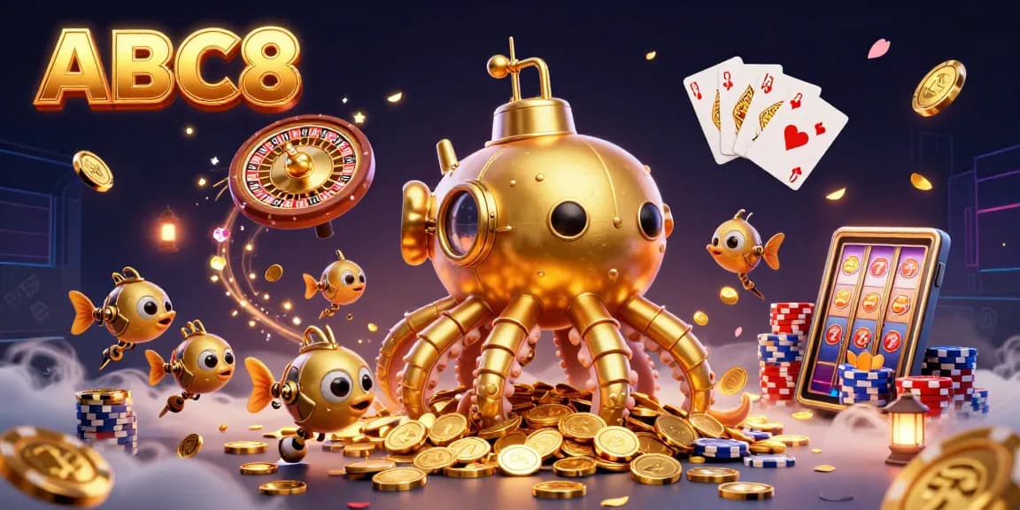 Engage in thrilling gameplay at ABC8 with dynamic characters like a golden kraken and energetic gambling elements.