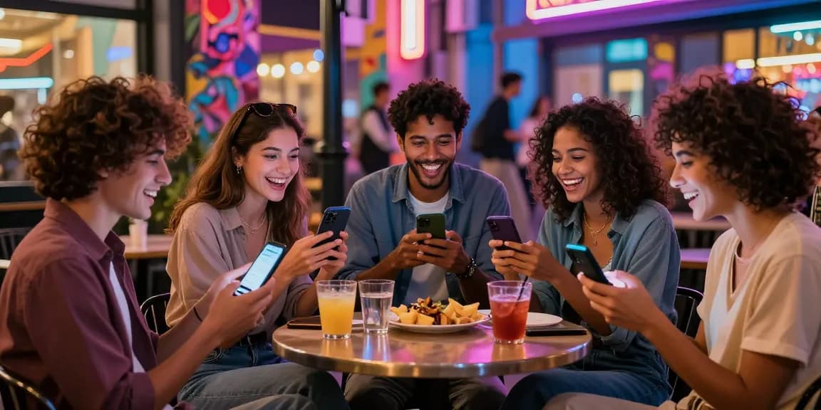 Engaging group using sluts ai chatbot in vibrant urban nightlife.