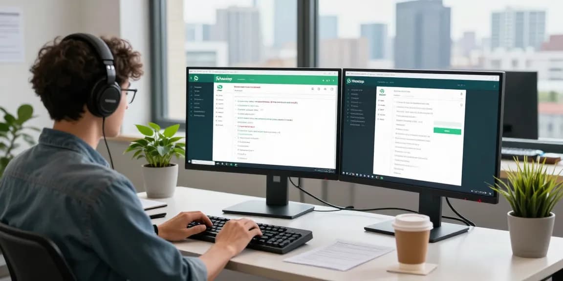 WhatsApp下載 showcased in a modern workspace with a developer coding and interacting with the app interface on multiple screens.