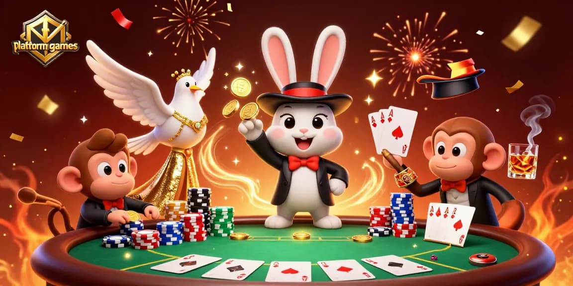Experience thrilling gaming at platformgames with a magician pulling coins and a monkey with poker chips.