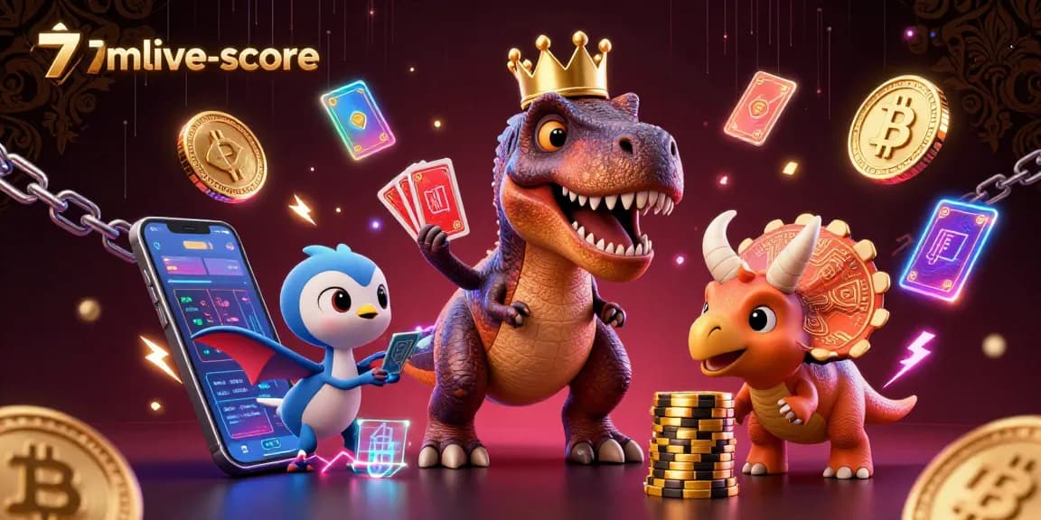 Engage with 7mlive-score in this dynamic 3D scene featuring a T-Rex and friends in a crypto casino setting.