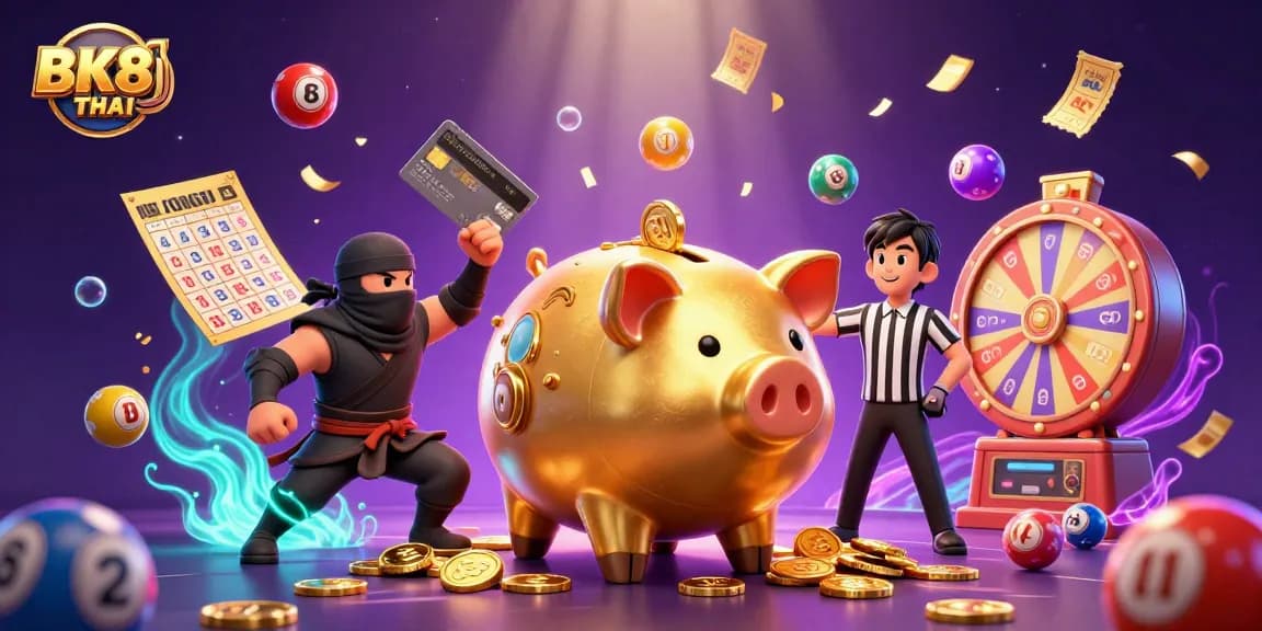 Witness BK8THAI's golden piggy bank sumo wrestler amidst thrilling casino elements.