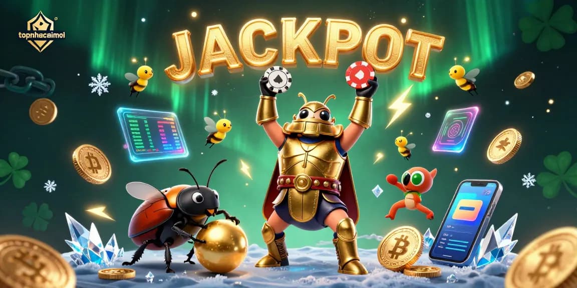topnhacaimoi showcases a triumphant hercules beetle in golden armor amidst vibrant crypto elements and jackpot celebration.