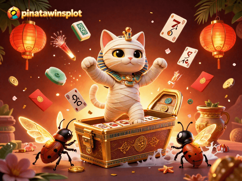 Experience the exciting pinatawinsslot as a cartoon mummy cat plays in a vibrant casino.