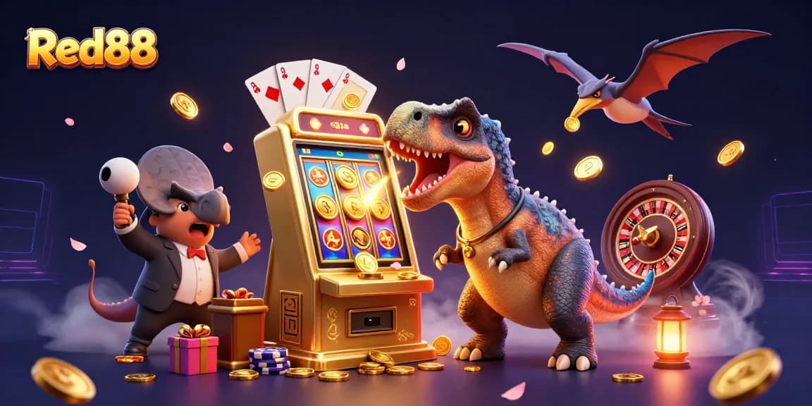 Red88 players experiencing a thrilling casino atmosphere with a pachycephalosaurus and golden slot machine.