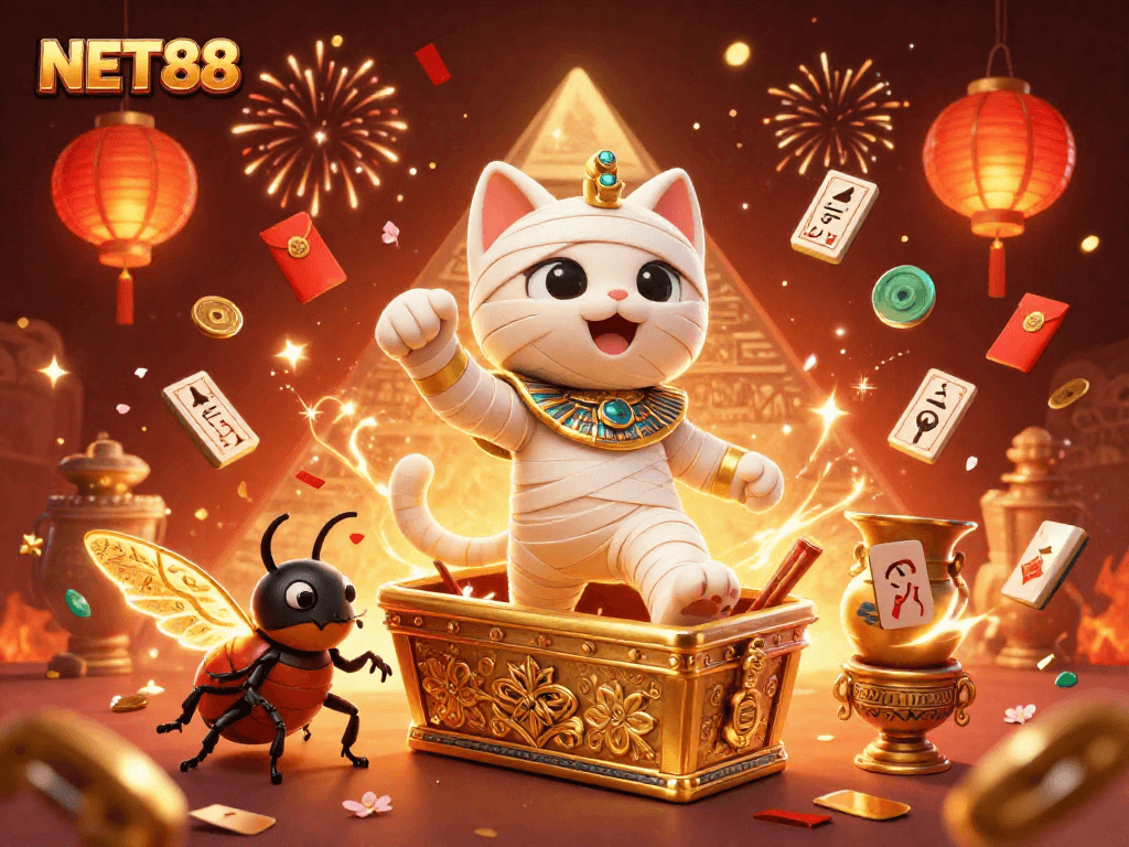 Experience thrilling gaming at NET88 with a lively scene featuring unique characters and casino elements.