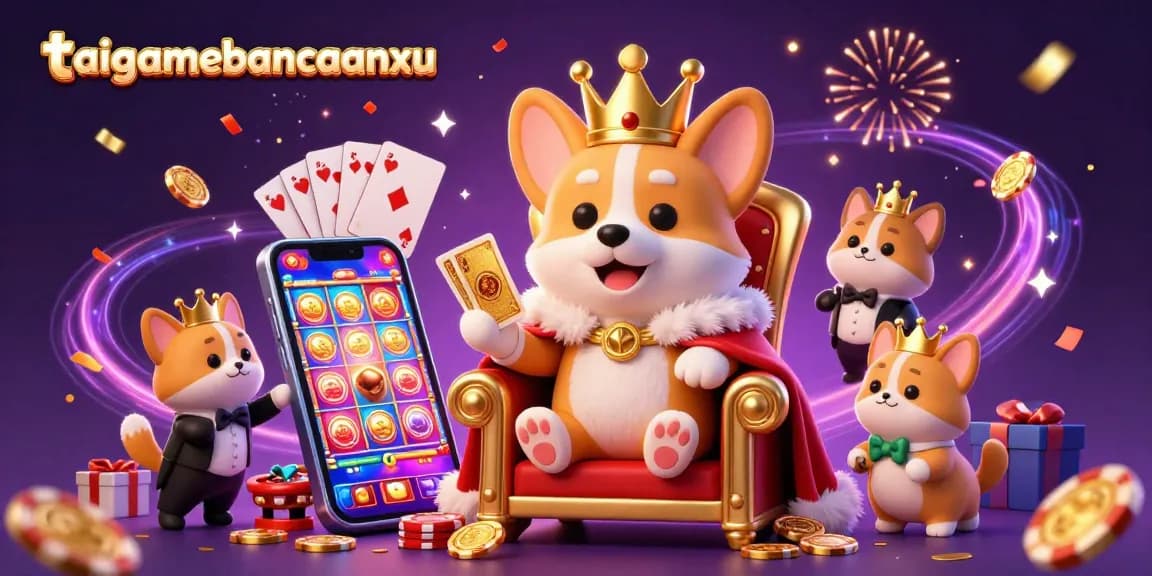 Engage with taigamebancaanxu's vibrant casino illustration featuring a royal corgi, gaming elements, and rich celebration effects.