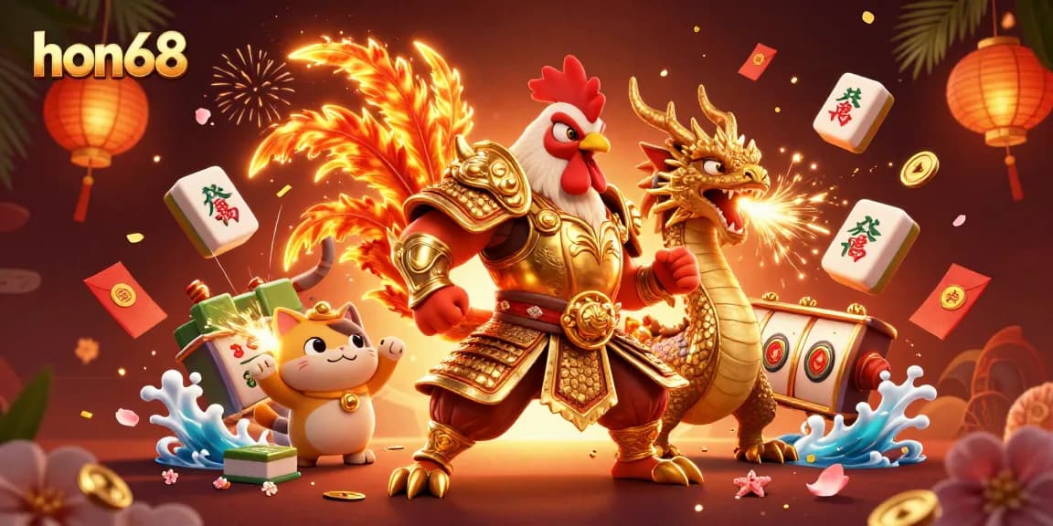 Experience excitement with hon68 as a warrior rooster and dragon hatchling battle in an online casino scene, filled with vibrant elements.