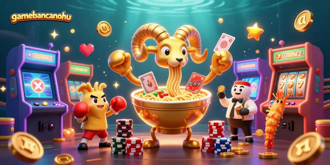 gamebancanohu showcases an exciting animated casino scene with a golden ramen bowl and dynamic game elements
