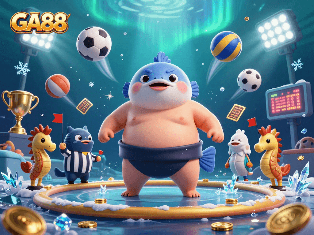 Engage with GA88 in a lively underwater casino scene filled with energetic characters and sports elements