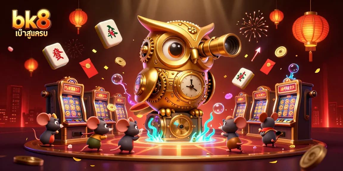 Play exciting games with bk8 เข้าสู่ระบบ in this vibrant casino scene featuring an owl and lucky symbols.