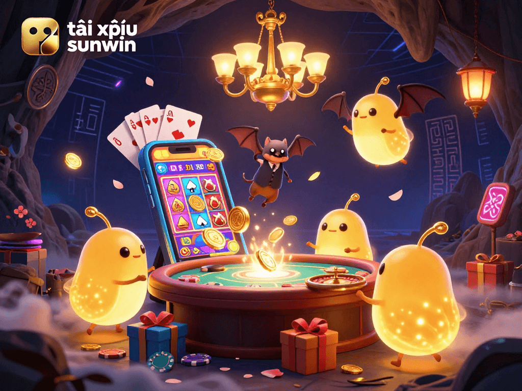 Experience the excitement of tài xỉu sunwin with dynamic glowworms lighting the cave casino scene.
