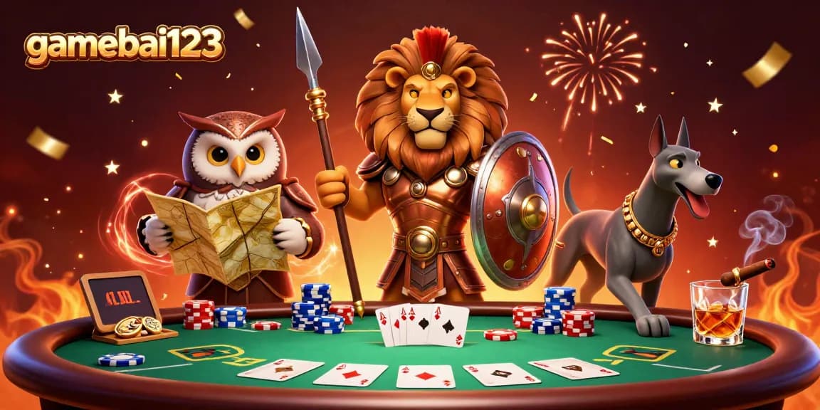 Experience the excitement of gamebai123 with heroic characters at a vibrant casino scene.