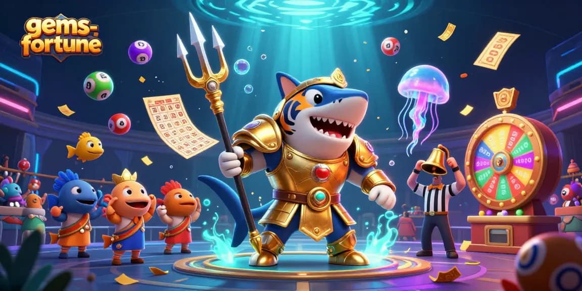 Join the adventure in the gems-fortune underwater colosseum with golden tickets and colorful lottery balls.