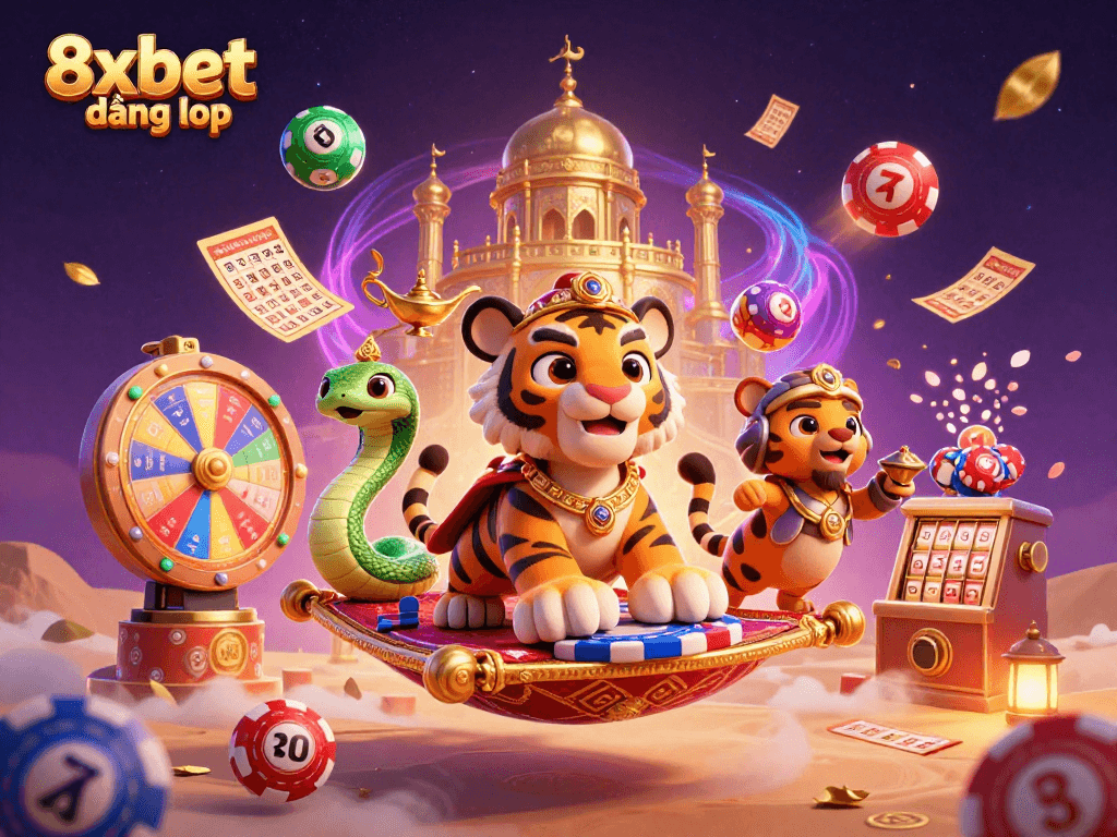 Engage in exciting gambling at 8xbet đăng nhập, featuring a lively scene with colorful lottery elements.