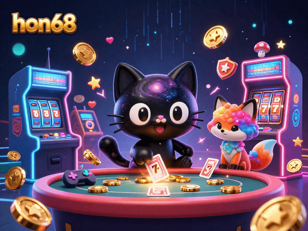 hon68 engages players at a cosmic casino table, pulling in golden chips in a vibrant, colorful scene