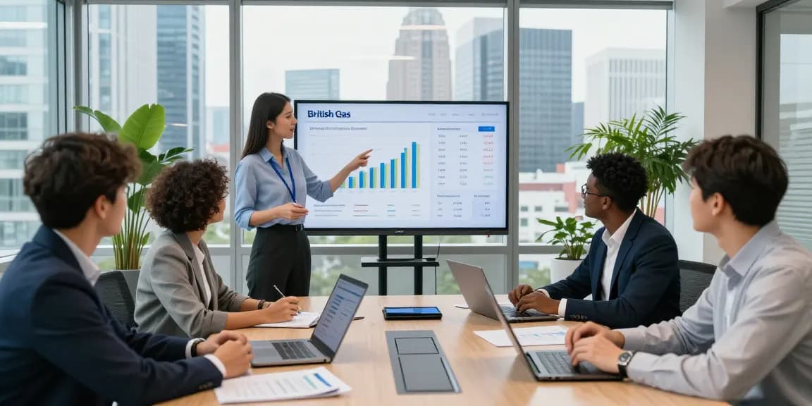 Team analyzing data trends on British Gas business electricity in a modern corporate office.