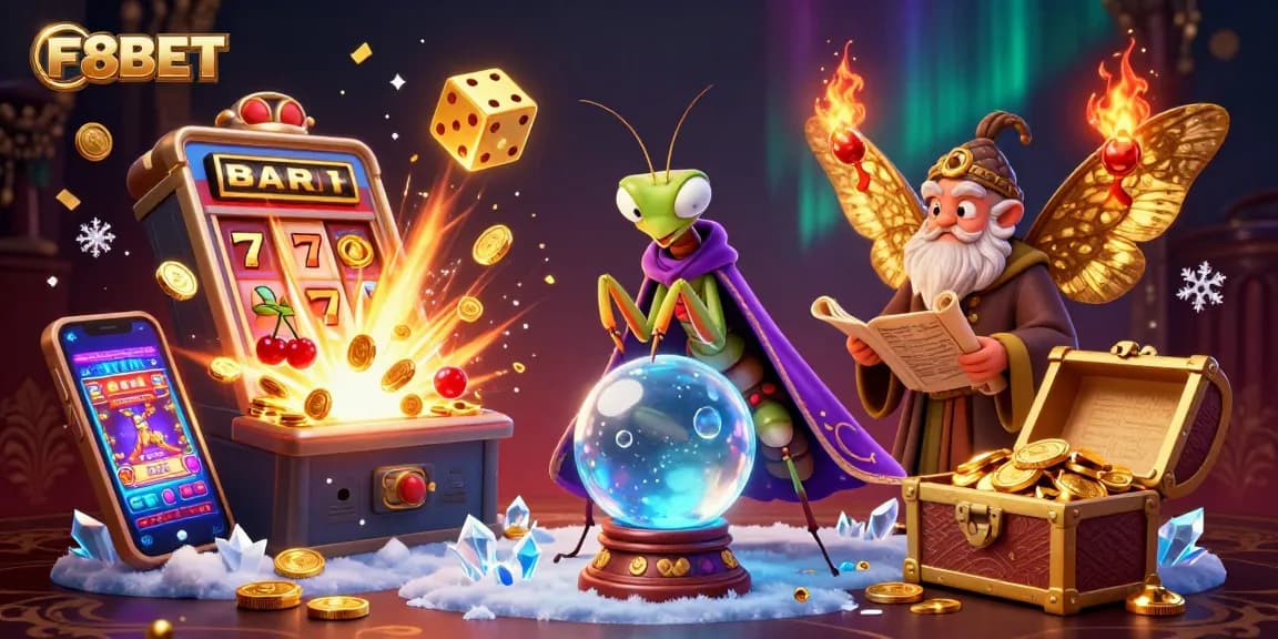 Immerse in F8BET's mystical 3D scene featuring a fortune teller and exciting jackpot symbols.