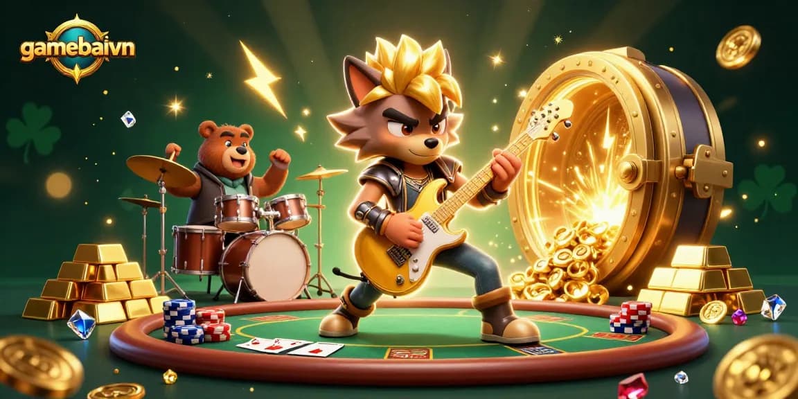 Experience dynamic poker action with gamebaivn featuring a lively scene of energetic characters and sparkling treasures.