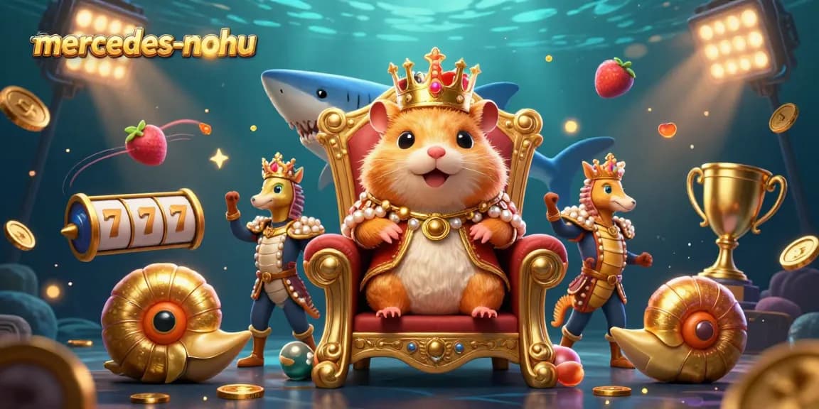 Experience excitement with mercedes-nohu as the golden hamster king reigns over slot machines in a vibrant casino scene.