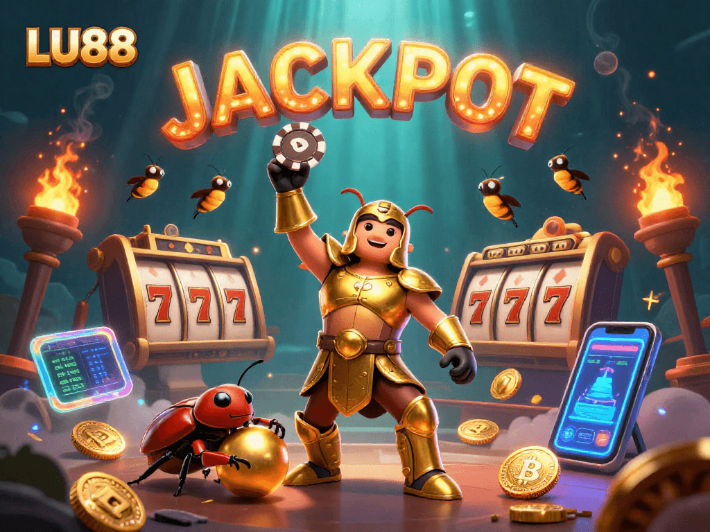 LU88 casino victory scene with beetle characters and vibrant gaming elements.