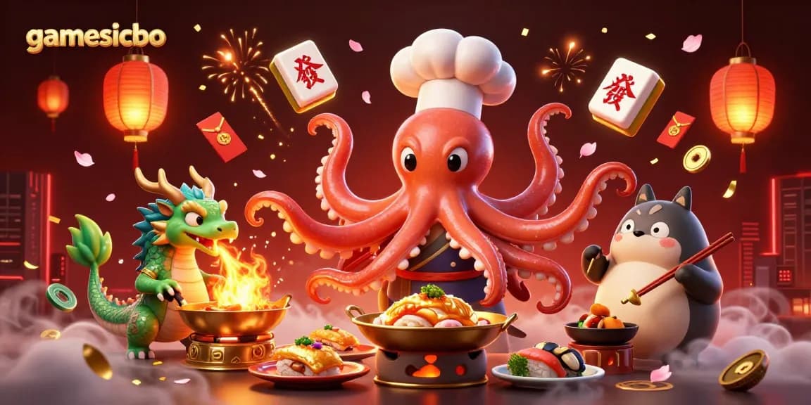 Engage with Sicbo action in gamesicbo as a sushi chef octopus prepares dishes amidst vibrant casino elements.