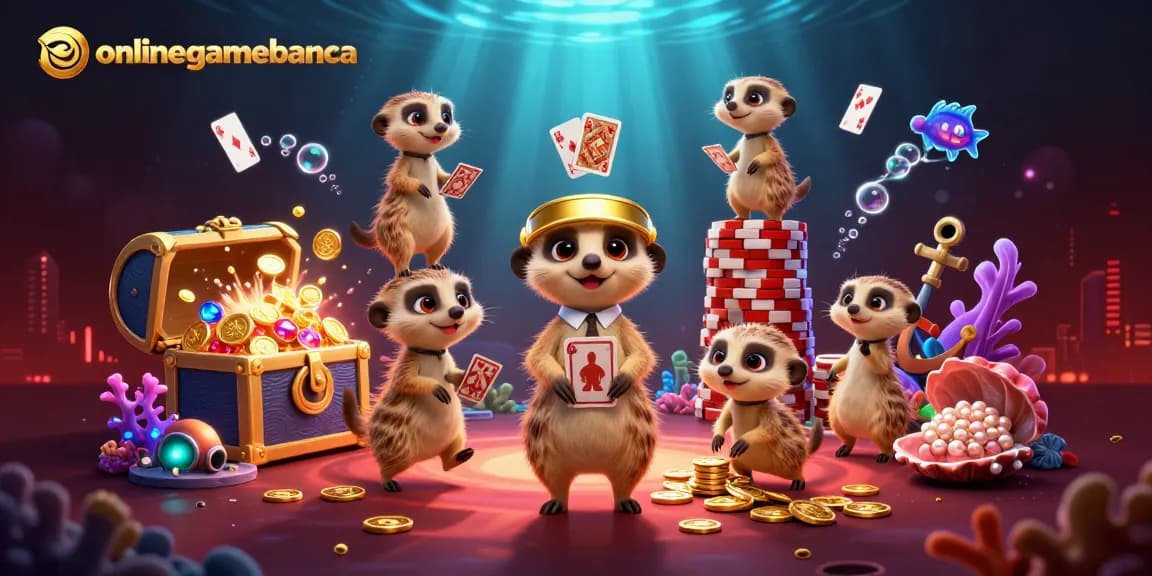 A dynamic scene of meerkats running an onlinegamebanca casino, showcasing colorful chips and cards