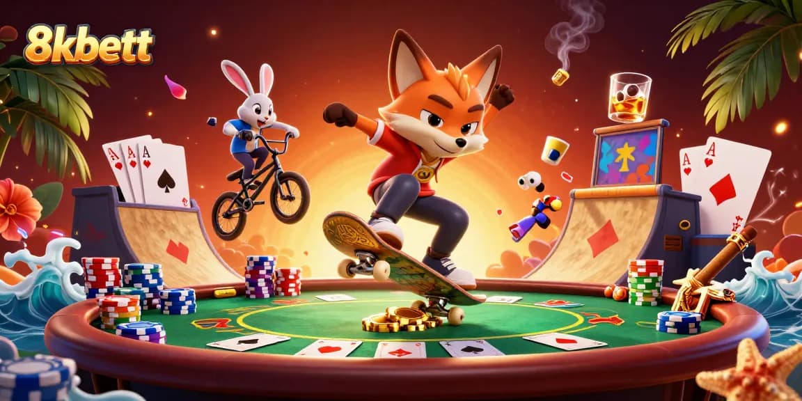 Experience thrilling action at 8xbett with a vibrant cartoon casino scene featuring characters and dynamic game elements.