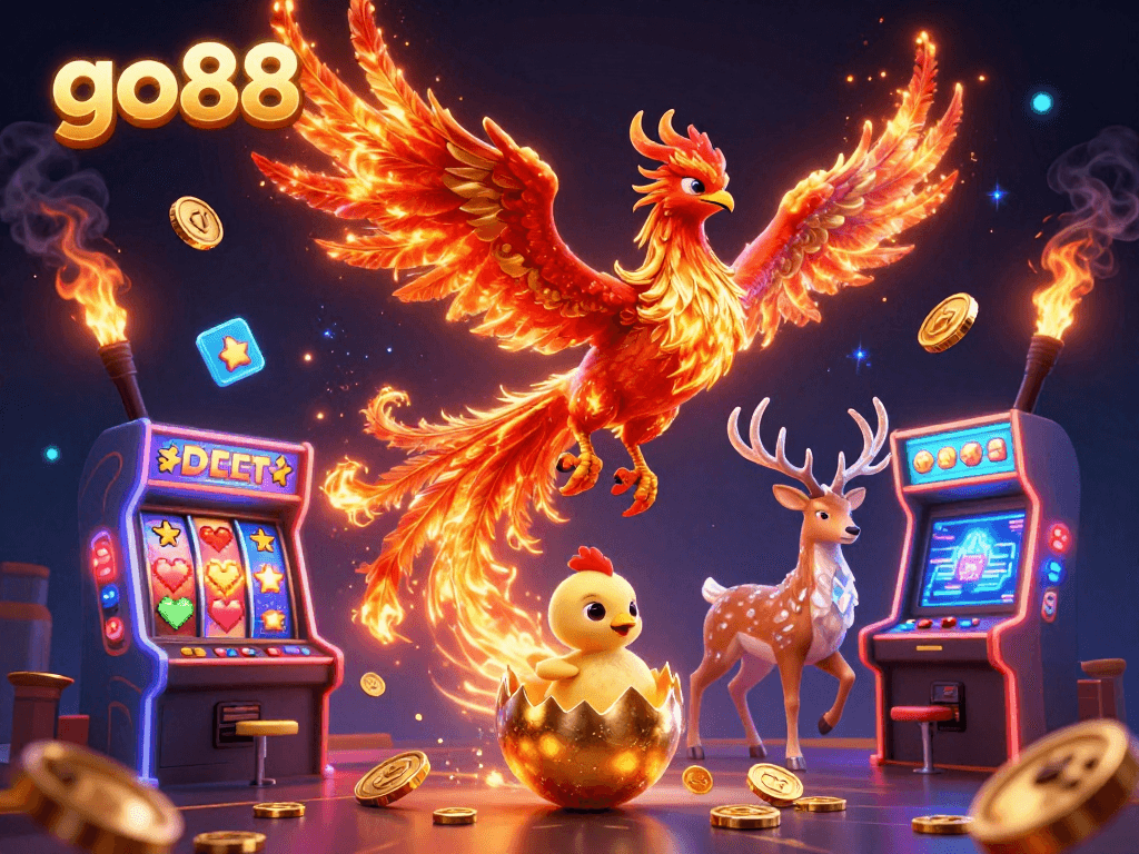 Engage with the exciting world of go88 as a majestic phoenix soars above vibrant slot reels in this captivating scene.