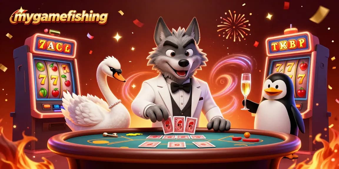 Experience excitement with mygamefishing as a debonair wolf and friends at a lavish casino scene.