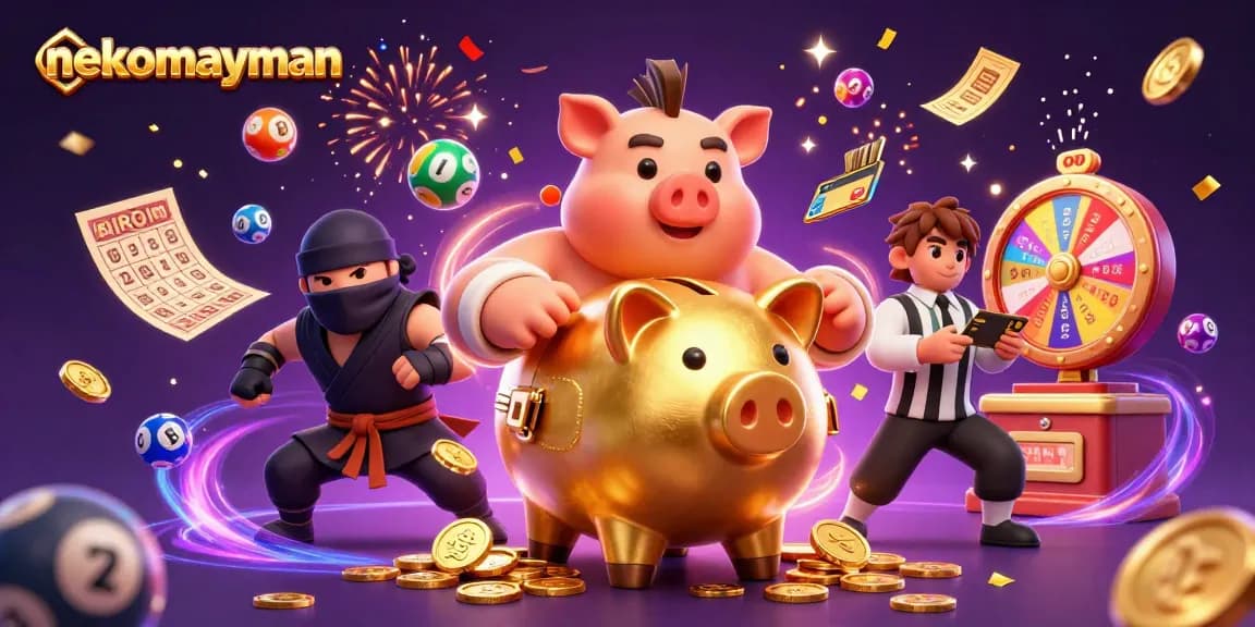 Experience thrilling wins with nekomayman as golden piggy bank sumo wrestler and friends celebrate in a vibrant casino atmosphere.