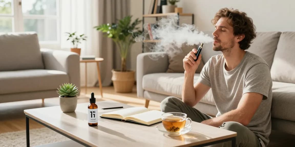 THC vape juice displayed in a serene wellness setting with vaping device, herbal tea, and plants for natural health.