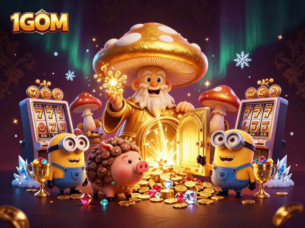 Bet on winning strategies with 1GOM, featuring a wizard and treasures amidst dynamic casino elements.