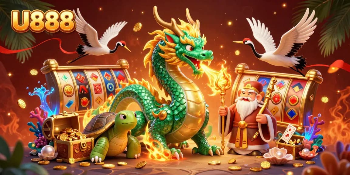 Engage with U888's vibrant slots scene featuring the jade dragon and golden treasures.