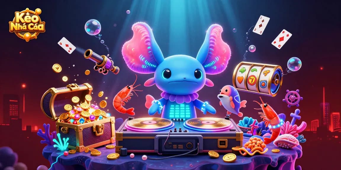 Kèo Nhà Cái showcases lively underwater casino fun with an axolotl DJ and treasure-fueled gaming elements.